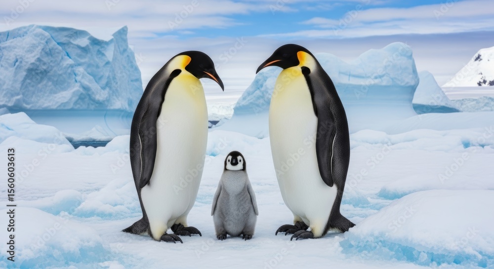 Fototapeta premium A heartwarming scene: two majestic Emperor penguins proudly stand beside their adorable chick in the icy expanse of Antarctica, showcasing family bonds in the wild.