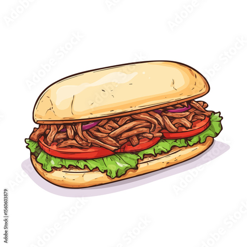 Pulled Pork Sandwich, vector graphic, 2D flat isometric cartoon illustration on white background.
