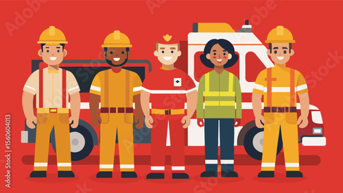 A team of firefighters each with their own unique body shape standing proudly in front of their truck ready to serve and protect their community.. Vector illustration