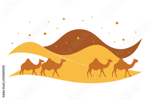 Desert Caravan Vector – Camels, Dunes, and Bedouin Camp Under Starry Night Sky
