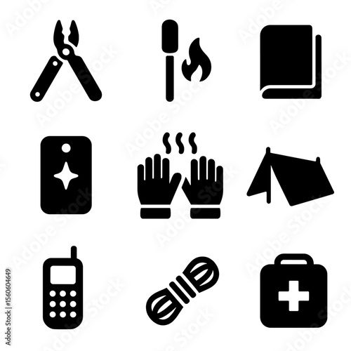 Night Survival Icons. Solid, filled icon set of nighttime survival items: multitool, firestarter, emergency blanket, signal mirror