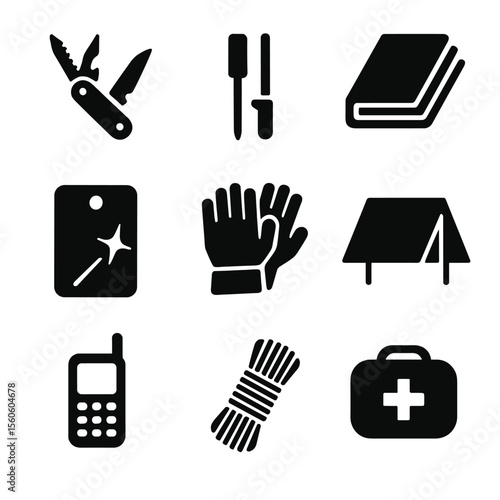 Night Survival Icons. Solid, filled icon set of nighttime survival items: multitool, firestarter, emergency blanket, signal mirror