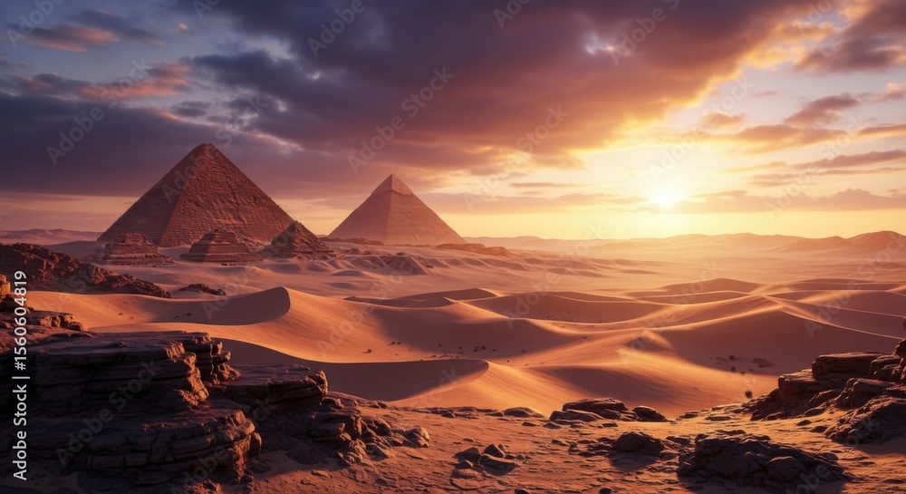 Naklejka premium Majestic Egyptian Pyramids at Sunset in the Desert Landscape