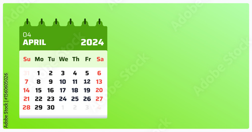 April 2024 calendar. Green calendar landscape. 2024 Weekend setup sunday to saturday. Flat template of April 2024 calendar view. Vector illustration.

