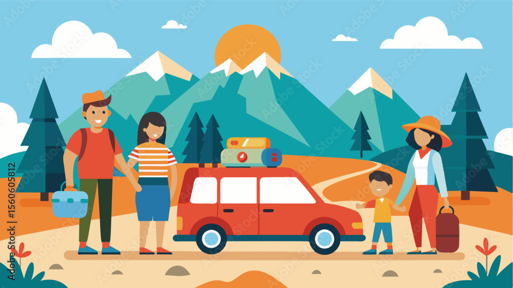 Fototapeta premium A family going on a road trip exploring new places and creating lasting memories.. Vector illustration