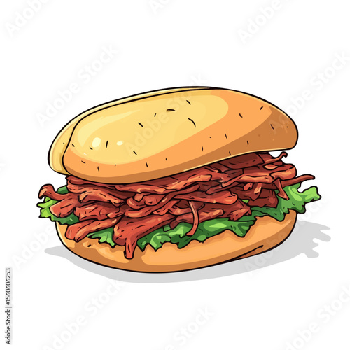 Pulled Pork Sandwich, vector graphic, 2D flat isometric cartoon illustration on white background.
