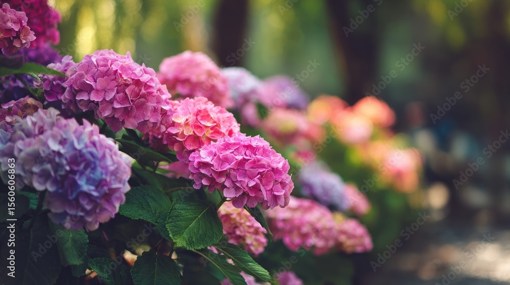 Obraz premium Blooming hortensia flowers growing in a park during a bright sunny day