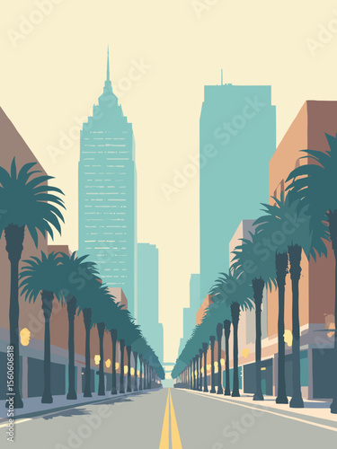 San Jose tech district with Adobe HQ, Winchester Mystery House, and palm-lined streets in gray, mint, electric blue, and tan