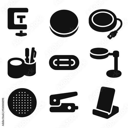 Office Desk Icon Set. Solid, Filled icon set of office desk cup stands: desk clamp holder, coaster ring, USB heated coaster, pen