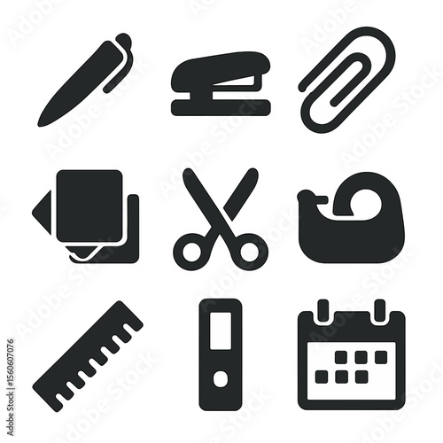 Office Supplies Icons. Solid, filled icon set of office supplies: pen, stapler, paperclip, sticky notes, scissors, tape dispenser,