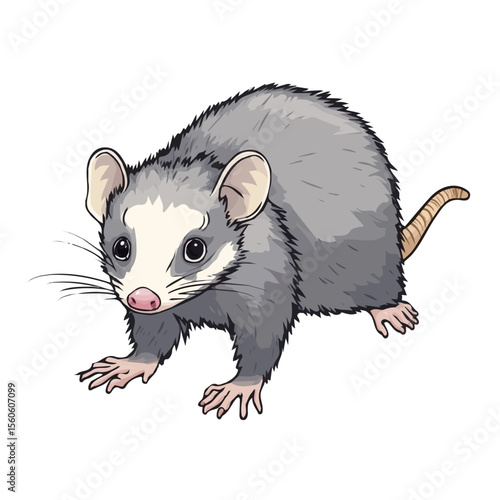 Opossum, vector graphic, 2D flat isometric cartoon illustration on white background.
