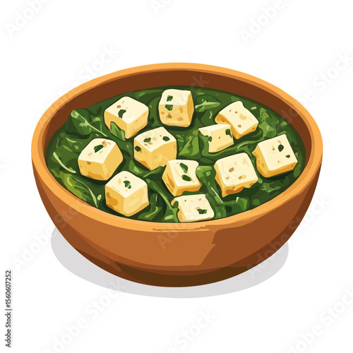 Saag Paneer, vector graphic, 2D flat isometric cartoon illustration on white background.
