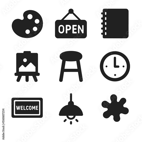 Open Studio Icons. Solid, filled icon set of open studio tour: artist palette, open door sign, sketchbook, unfinished work, artist