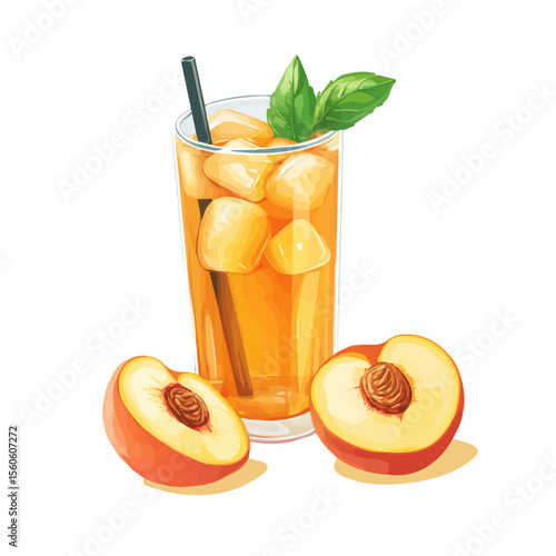 Peach Iced Tea, vector graphic, 2D flat isometric cartoon illustration on white background.
