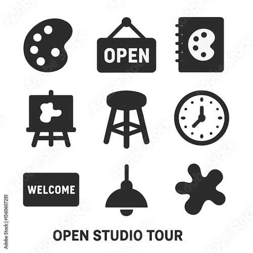 Open Studio Icons. Solid, filled icon set of open studio tour: artist palette, open door sign, sketchbook, unfinished work, artist