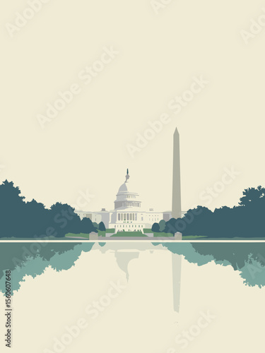 Washington, DC monuments: US Capitol, Lincoln Memorial, and Washington Monument in marble white, muted green, gray, and navy