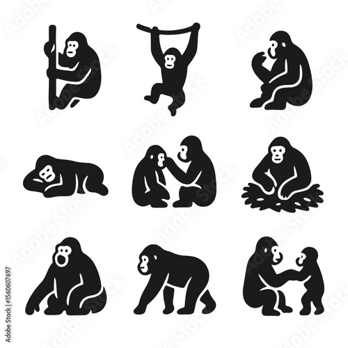 Orangutan Behavior Icons. Solid, filled icon set of orangutan behaviors: climbing, swinging, feeding, resting, grooming, nesting,