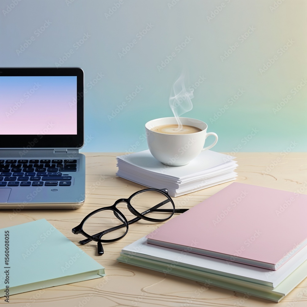 Naklejka premium Workspace with laptop, coffee, papers, and glasses, creating a productive environment. Perfect for illustrating a modern office or study space