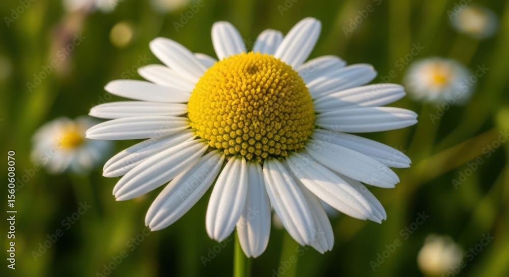 Obraz premium Close up of a bright white daisy with a yellow center in a field of green grass with soft focus flowers in the background on a sunny day