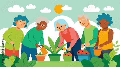 A group of seniors gathered in the garden of the senior center planting and nurturing their own vegetable and flower beds to promote outdoor activity and a sense of accomplishment.. Vector
