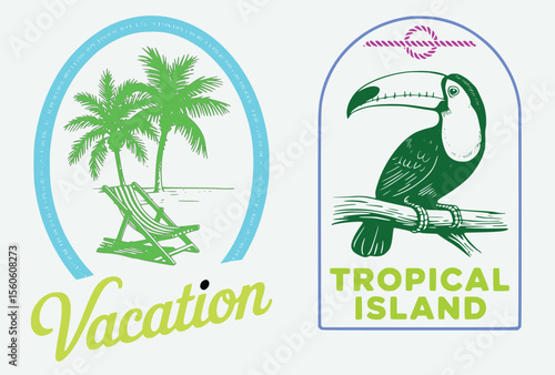 Tropical Vacation Logos Depicting Palm Trees with Chair and Toucan on a Branch Signifying Island Getaways