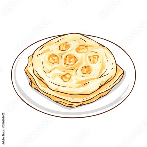 Roti Canai, cartoon vector illustration, flat 2D isometric style, white background.