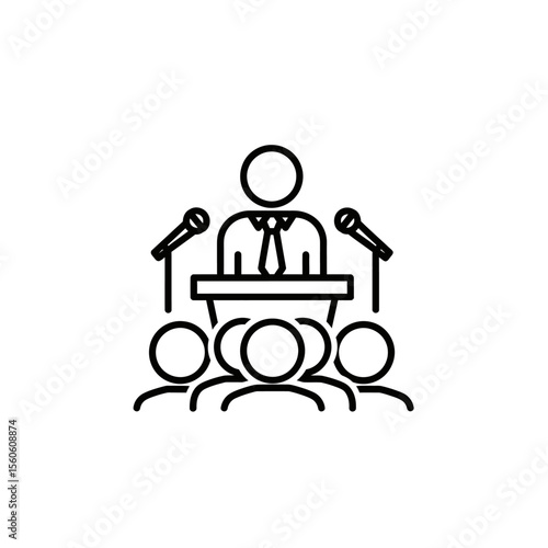 Line art illustration of a speaker at a podium with microphones addressing an audience of people