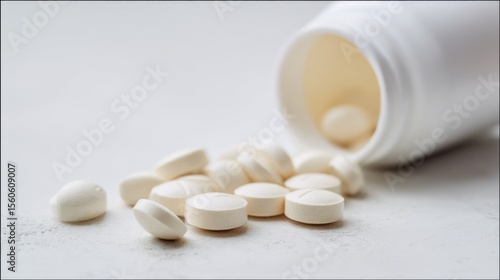 Close-up of pills scattered around medicine bottle on white marble surface, healthcare and medical treatment concept, pharmaceutical and wellness industry theme.	