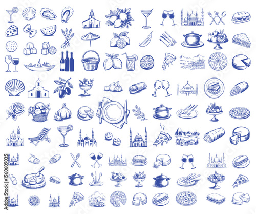 Detailed Blue Ink Illustration of Mediterranean Cuisine and Architecture, Featuring Food, Landmarks, and Beverages on White Background