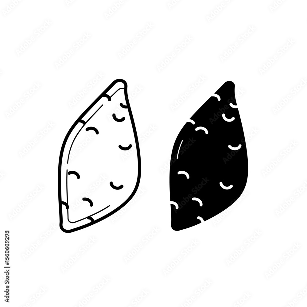 Two stylized leaves one white outline and one solid black with small curved lines on both leaves Two stylized leaves one white outline and one solid black with small curved lines on both leaves