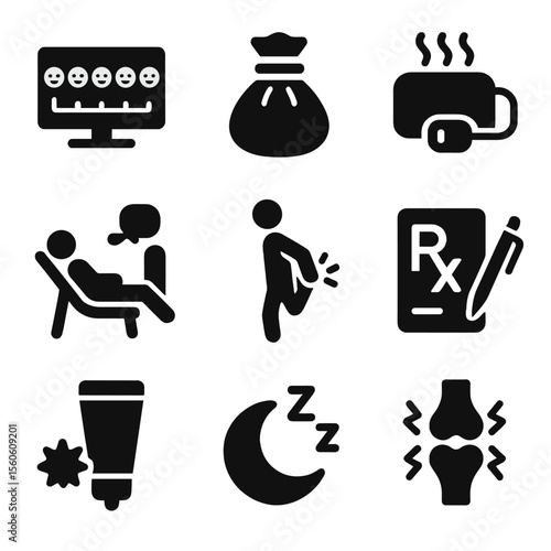 Pain Management Icons. Solid, filled icon set of pain management techniques: pain scale chart, ice pack, heating pad, therapy
