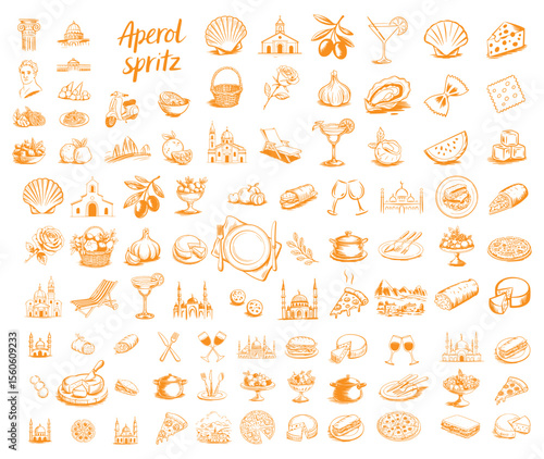 Charming Collection of Orange Food and Travel Illustrations Depicting European Vacation and Delicious Cuisine