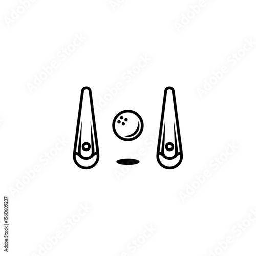 A minimalistic outline of a bowling ball with pins and shadow on a plain white background image art