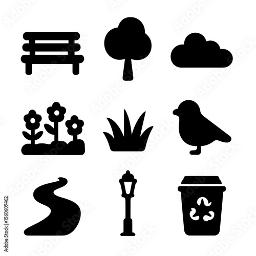 Park Icon Set. Solid, filled icon set of public bench and greenery: park bench, tree, shrub, flower bed, grass patch, bird,