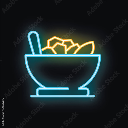 Neon sign representing a bowl full of salad with a spoon, on black background