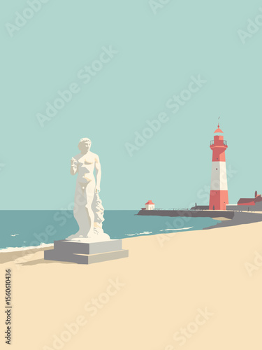 Virginia Beach with Neptune statue, boardwalk, and lighthouse in seafoam, beige, coral red, and blue-gray