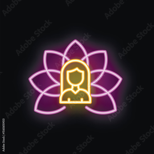 Neon sign illustrating a woman meditating in a lotus flower, perfect for a yoga studio or meditation center