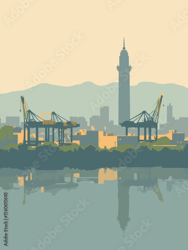 Oakland with Port cranes, Lake Merritt, and Tribune Tower in warm gray, navy, gold, and forest green