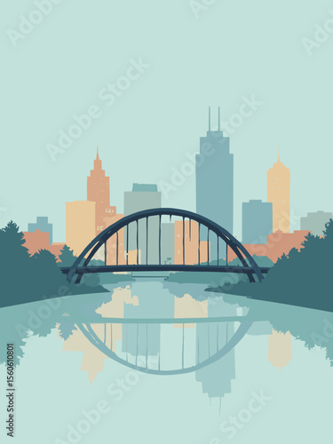 Minneapolis with Stone Arch Bridge, downtown skyline, and cherry spoon sculpture in ice blue, brick, teal, and silver