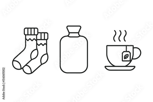 Cozy symbols: socks, hot water bottle, and steaming tea cup illustration vector icon isolated illustration