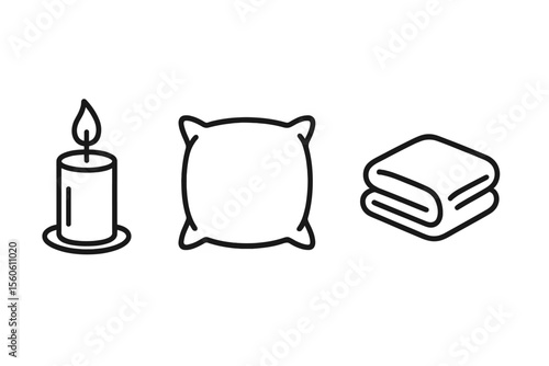 Candle, pillow, blanket icons on gray background vector icon isolated illustration
