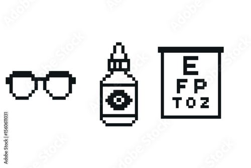 Pixel art icons of glasses, eye drops, and eye chart vector icon isolated illustration