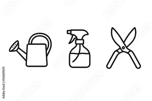 Gardening tools icons: watering can, spray bottle, pruning shears on dark background vector icon isolated illustration