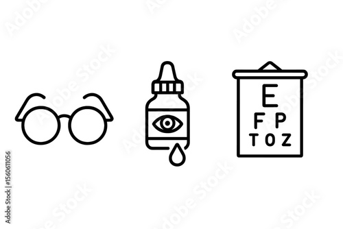 Eye care symbols: glasses, eyedropper, eye chart icons for vision health vector icon isolated illustration