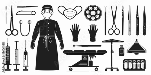 Modern Surgery Tools Icon Collection. Scalpel, forceps, surgical gloves, mask, gown, scissors, surgical lamp, operating table, and anesthesia machine.  Simple Medical Outline Vector Set