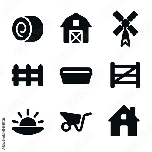 Pastoral Farming Icons. Solid, filled icon set of pastoral farming life: hay bale, barn, windmill, fence, water trough, pasture