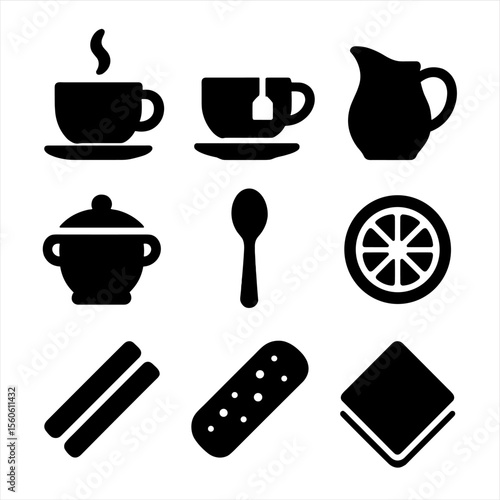 Pastry Accompaniments Icons. Solid, filled icon set of pastry accompaniments: coffee cup, tea cup, milk jug, sugar bowl, spoon,