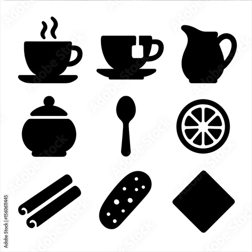 Pastry Accompaniments Icons. Solid, filled icon set of pastry accompaniments: coffee cup, tea cup, milk jug, sugar bowl, spoon,