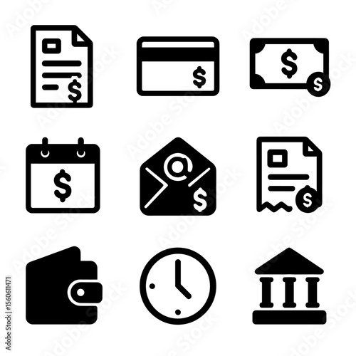 Payment Icons Grid. Solid, filled icon set of payment due dates: invoice, credit card, cash, calendar with dollar sign, reminder