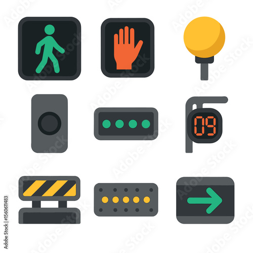 Pedestrian Crossing Icons. Flat icon set of pedestrian crossing signals: green man icon, red hand symbol, countdown timer display,